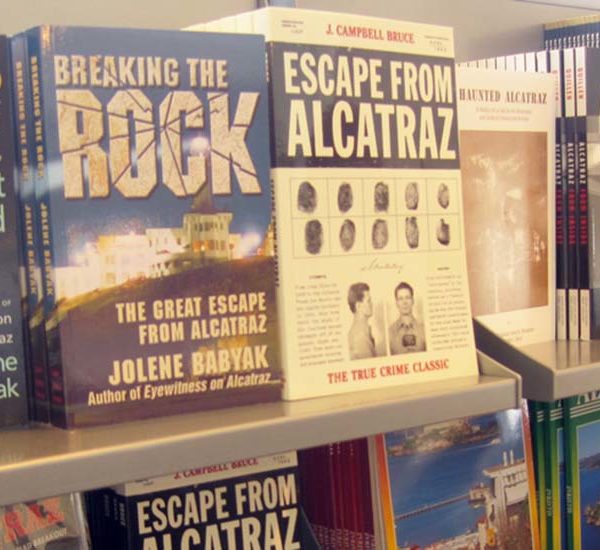 Shelves of books for sale at Alcatraz Gift Shop