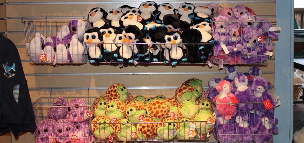 Cute penguin, turtle and octopus stuffed animals at Aquarium of the Bay gift shop