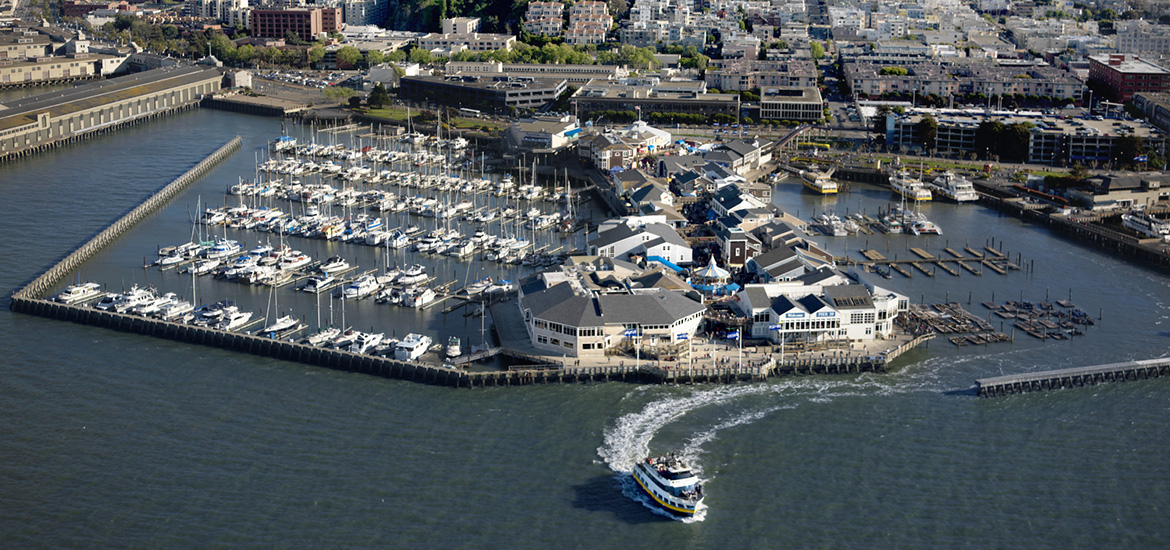 Aerial photo of the PIER and the city of San Francisco behind it
