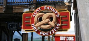 Aunt Fanny's Hot Pretzels sign outside of store