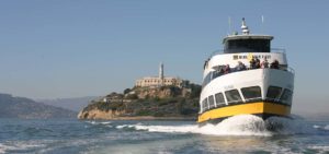 Blue & Gold Fleet boat with Alcatraz Island in the background