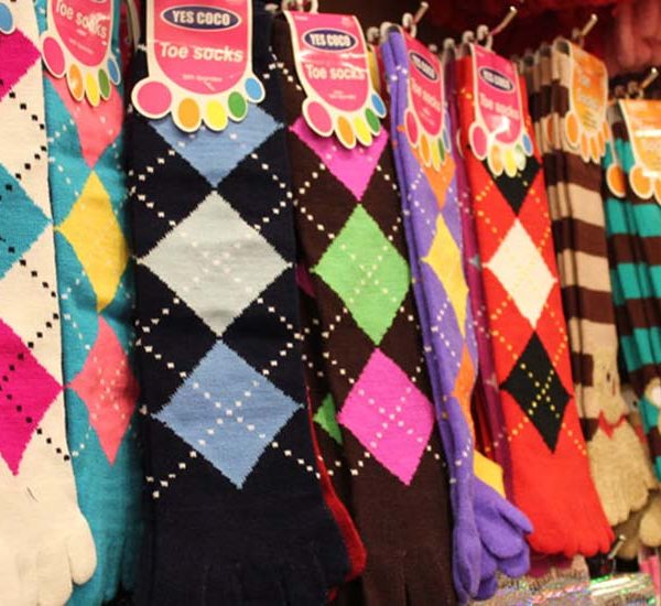 Rows of bright colored socks