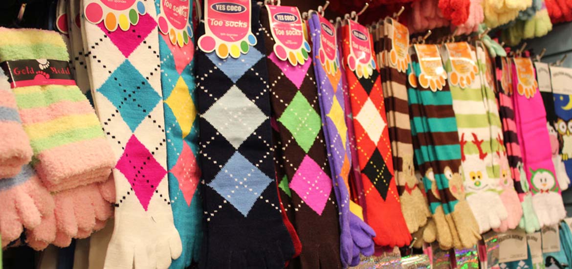 Rows of bright colored socks