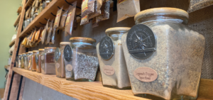 Close up of a row of spices at Spice & Tea Exchange