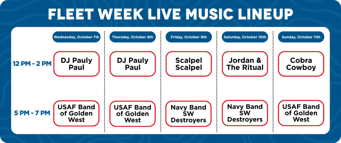 Entrance Plaza Stage Schedule Wednesday, 10/7 12pm – 2pm – DJ PAULY PAUL Get the Fleet Week party started in PIER 39’s Entrance Plaza with DJ Pauly Paul spinning all your favorite dance songs! 5pm – 7pm – MOBILITY ROCK BAND, USA AIR FORCE BAND OF THE GOLDEN WEST The United States Air Force is bringing their Rock Band to the Entrance Plaza stage and will have you belting out classic and modern hits. Thursday, 10/8 12pm – 2pm – DJ PAULY PAUL Get the Fleet Week party started in PIER 39’s Entrance Plaza with DJ Pauly Paul spinning all your favorite dance songs! 5pm – 7pm – MOBILITY ROCK BAND, USA AIR FORCE BAND OF THE GOLDEN WEST The United States Air Force is bringing their Rock Band to the Entrance Plaza stage and will have you belting out classic and modern hits. Friday, 10/9 12pm – 2pm – SCALPEL SCALPEL Slicing through the decades with high-energy covers of your favorite hits from the '90s and 2000s. From Grunge to Pop-Punk, R&B to Alt-Rock, they deliver nostalgia with a sharp edge and a whole lot of heart. 5pm – 7pm – NAVY BAND SOUTHWEST DESTROYERS ROCK BAND The United States Navy Destroyers return to PIER 39 to rock Entrance Plaza once again with toe-tapping tunes guaranteed to have you singing along with them. Saturday, 10/10 12pm – 2pm – JORDAN & THE RITUAL With a mix of Soul, Funk, Rock, and Groove, Jordan & The Ritual deliver all-time classics from the 60’s, 70’s, 80’s, 90’s and 00’s. Get ready to hear everything from The Rolling Stones and Tom Petty, to Dave Matthews and The Zac Brown Band, with everything in between! 5pm – 7pm – NAVY BAND SOUTHWEST DESTROYERS ROCK BAND The United States Navy Destroyers return to PIER 39 to rock Entrance Plaza once again with toe-tapping tunes guaranteed to have you singing along with them. Sunday, 10/11 12pm – 2pm – COBRA COWBOY Cobra Cowboy covers 80s music with a country twist. All the greatest pop music of the decade reimagined in a rustic and rocking Country, Bluegrass, and Americana style. 5pm – 7pm – MOBILITY ROCK BAND, USA AIR FORCE BAND OF THE GOLDEN WEST The United States Air Force is bringing their Rock Band to the Entrance Plaza stage and will have you belting out classic and modern hits.